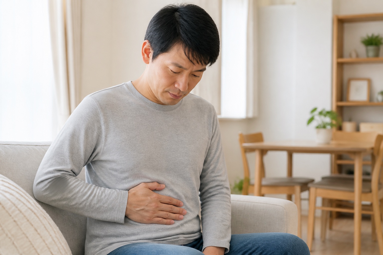 服の上からお腹の張りや違和感を静かに確認する男性