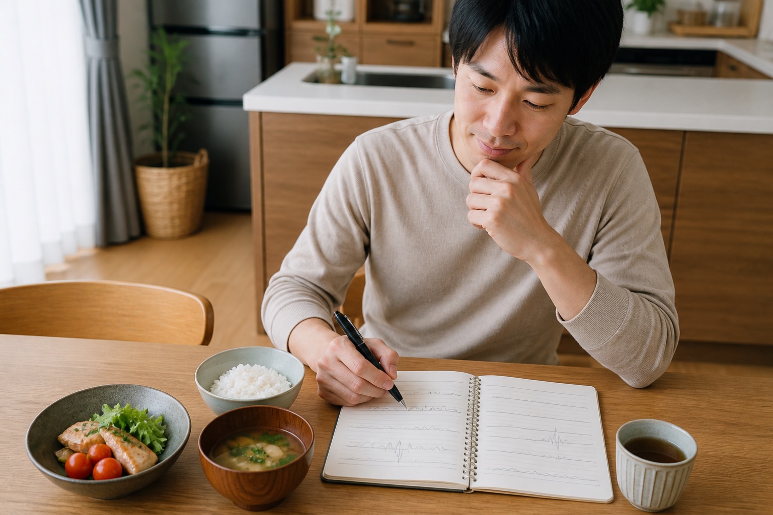 食事内容と食後のお腹の音をノートに記録する男性