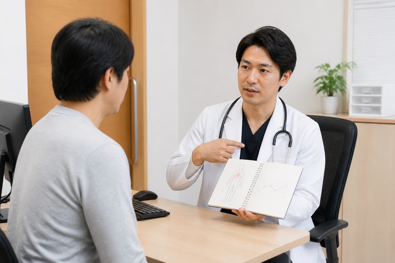腹部症状の経過を医師へ相談する男性