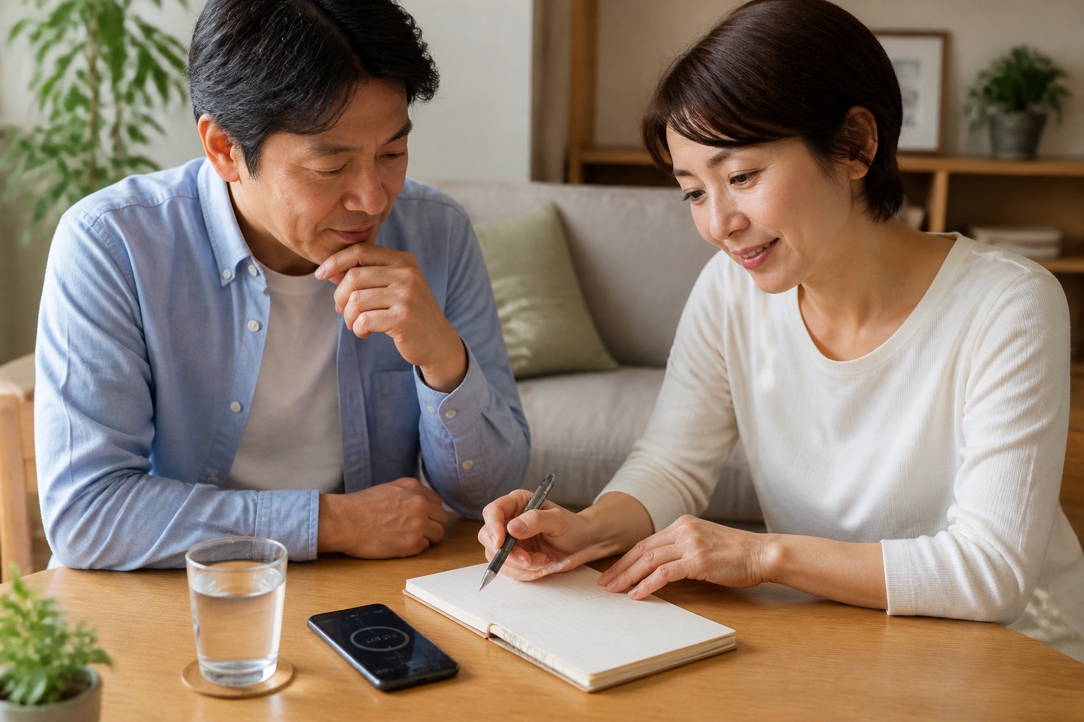 受診前に腹部症状の質問を家族と整理する夫婦
