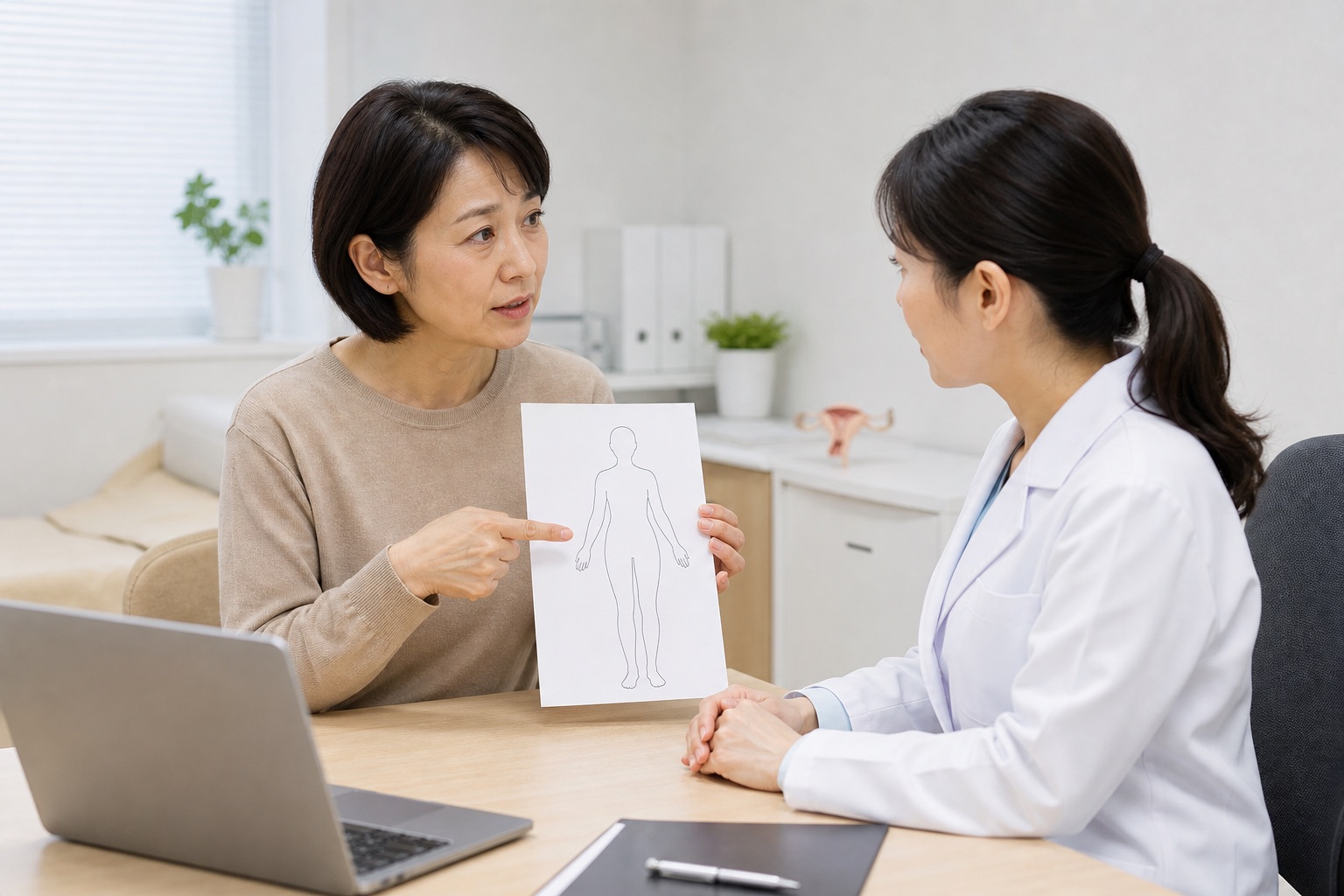 ほてりや睡眠の変化を婦人科医へ相談する女性