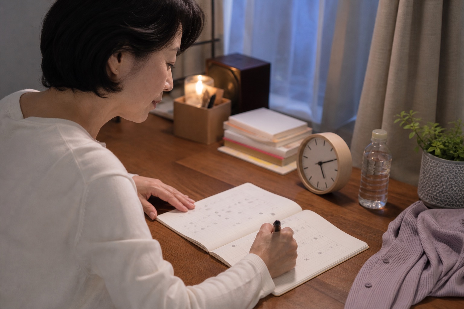 更年期の睡眠やほてりの時刻を夜に記録する女性
