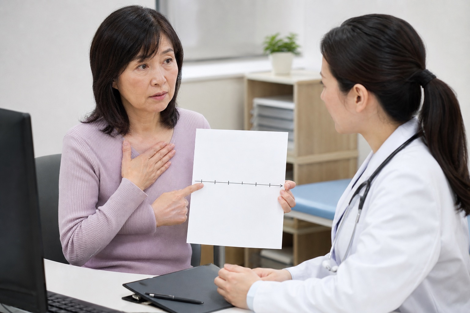 急な胸部症状と出血の経過を医師へ伝える女性