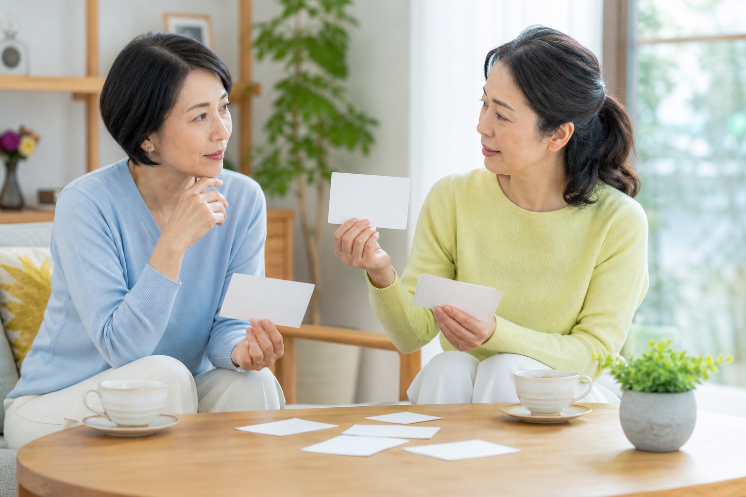 更年期の医療と整体について質問カードを整理する女性二人