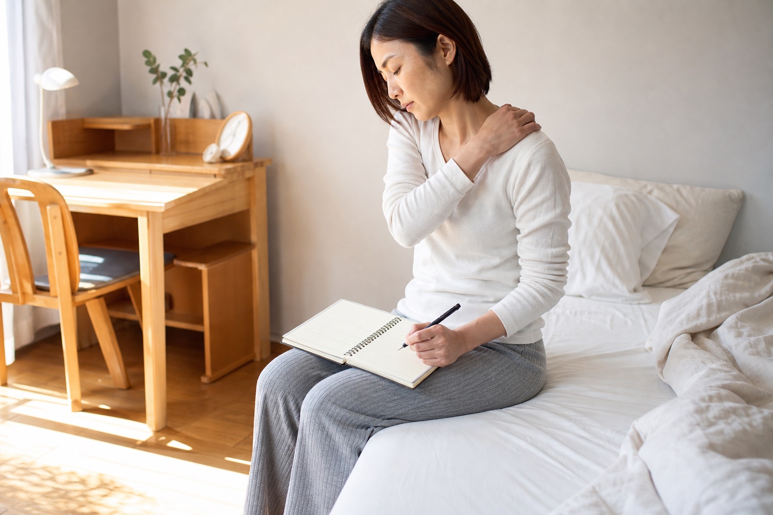 起床後の肩と脚の違和感をノートに記録する女性