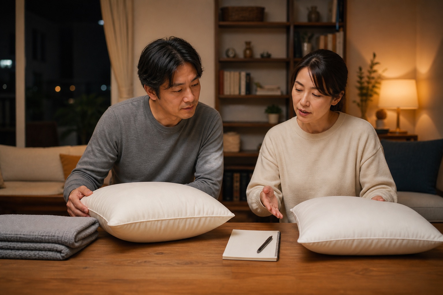 横向き寝に使う枕を比べながら疑問を整理する夫婦