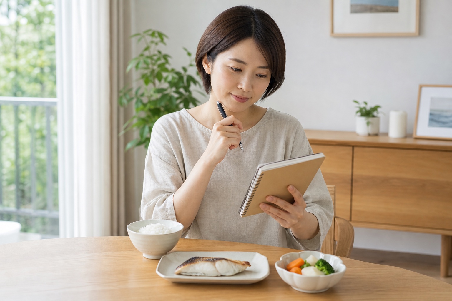 IBSの体調に合わせた献立を食卓でノートに整理する女性