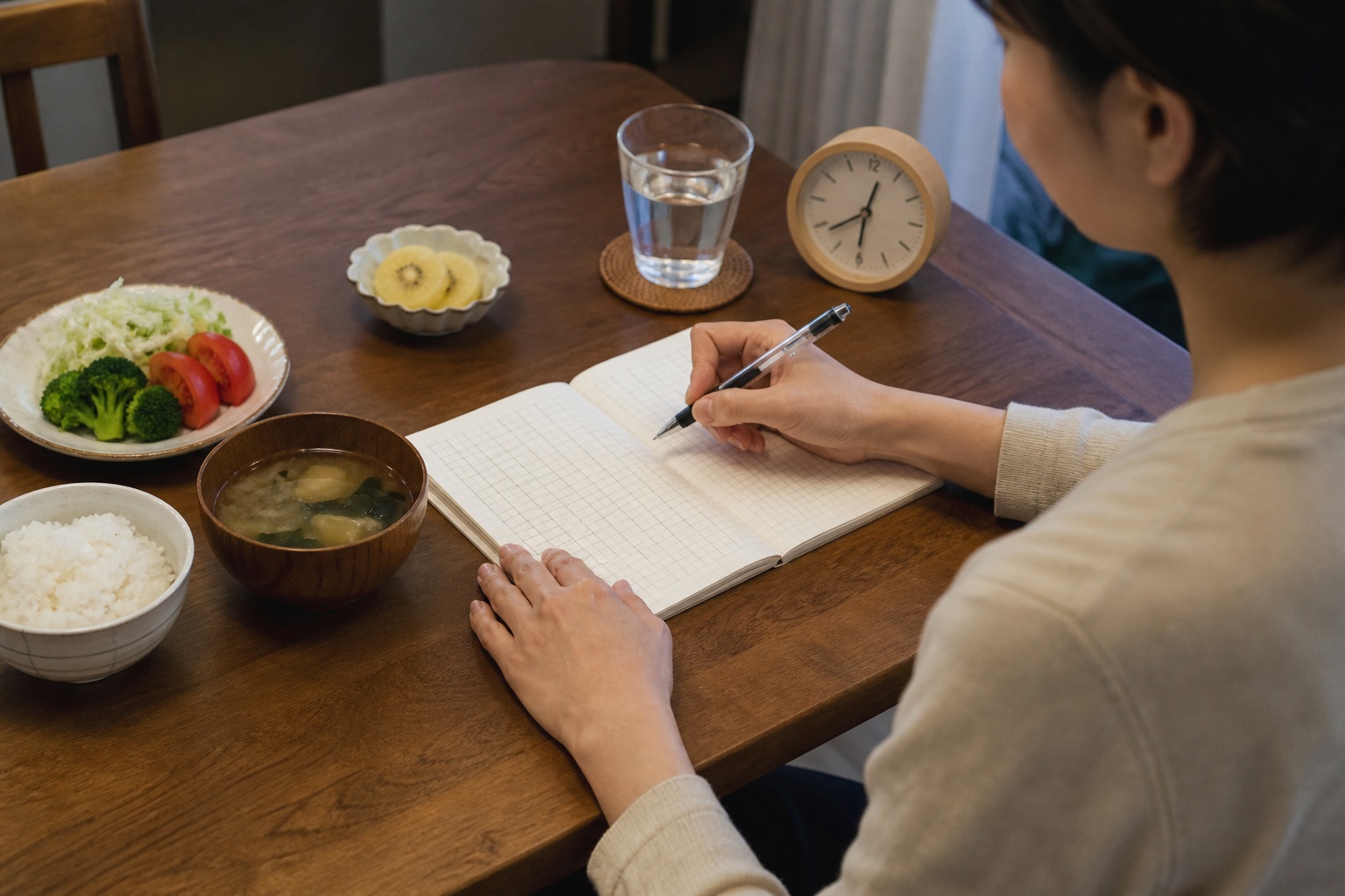 食事時刻とお腹の症状を食後にノートへ記録する女性