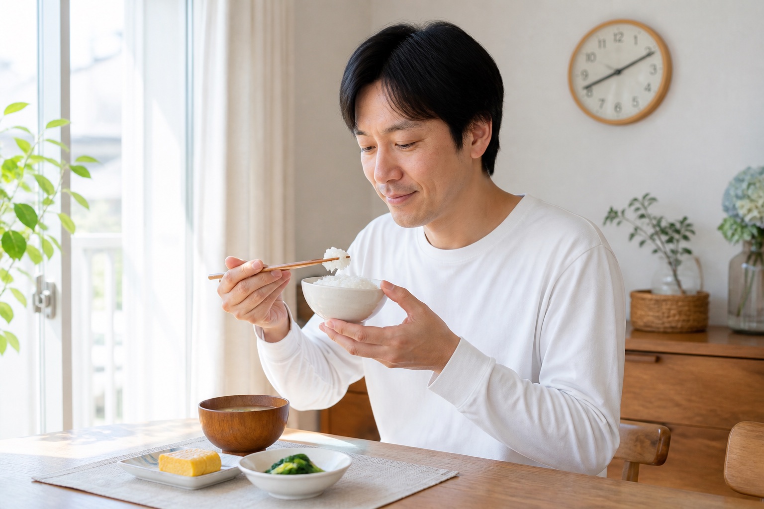 朝の食卓でご飯と汁物をゆっくり食べる男性