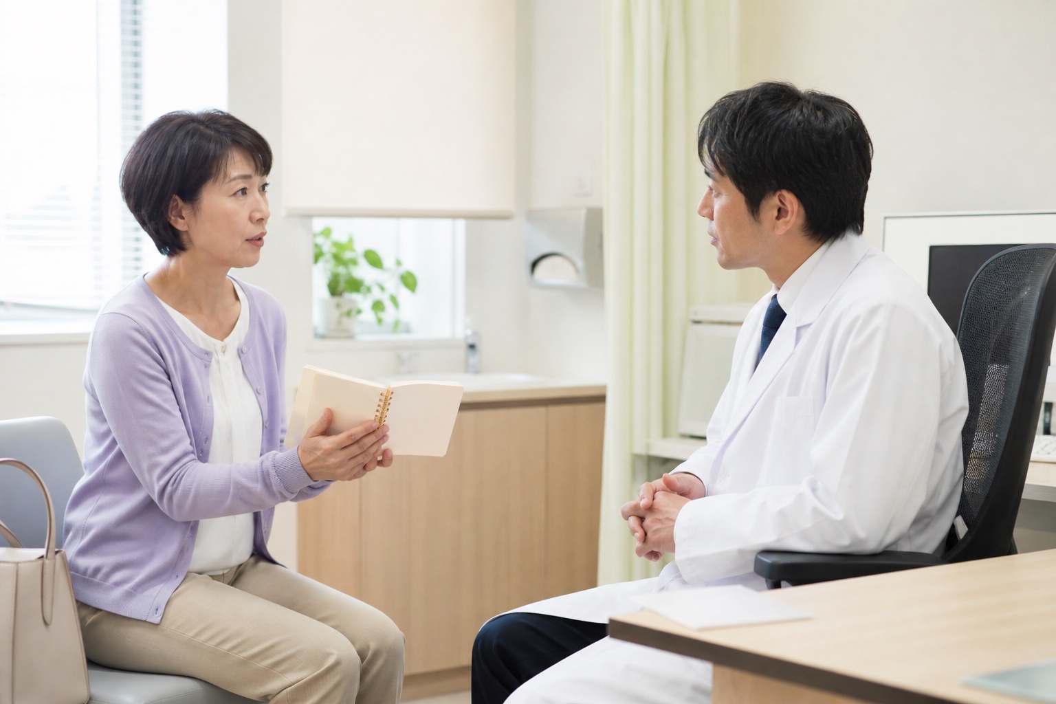 食事記録を見せながら消化器内科の医師へ相談する女性