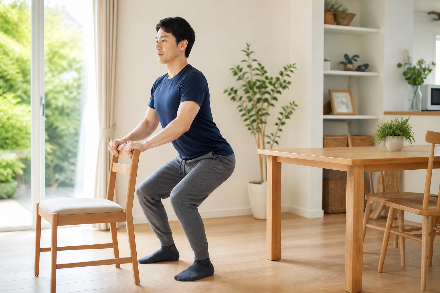 椅子に手を添えて息を止めずにスクワットする男性