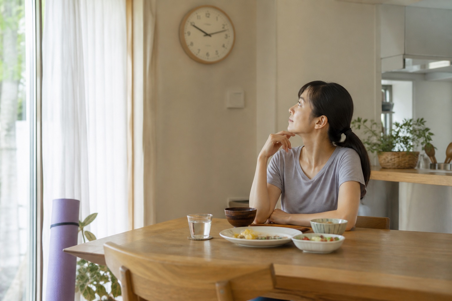 食後すぐの運動を避けて時計を確認しながら休む女性