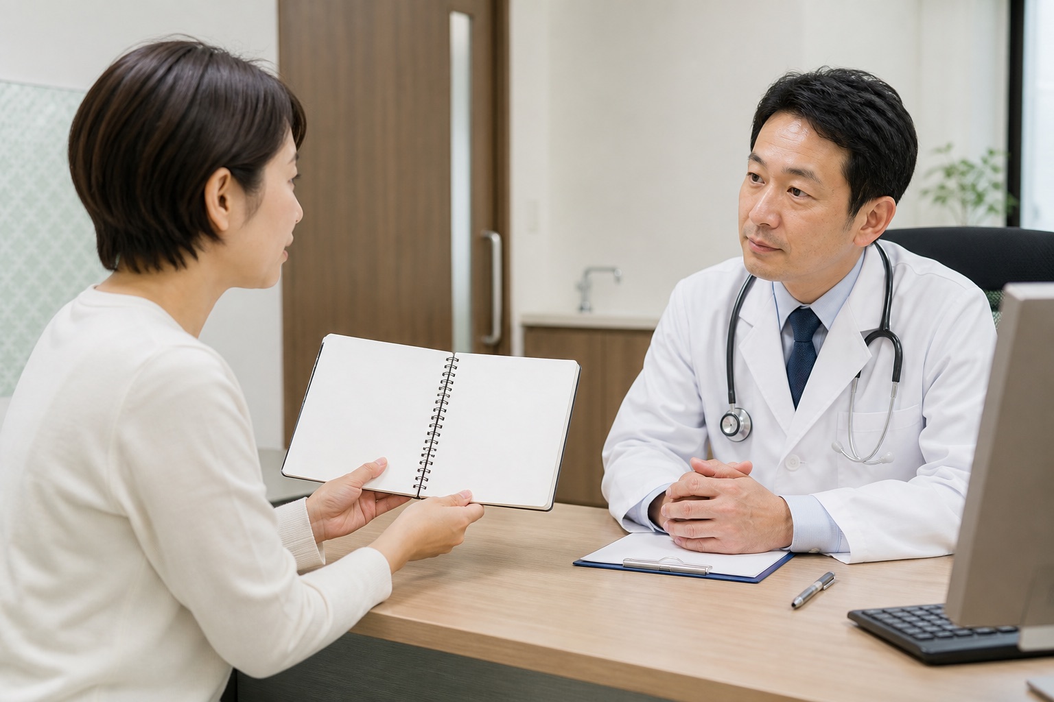 逆流症状と運動記録を消化器内科医へ相談する女性