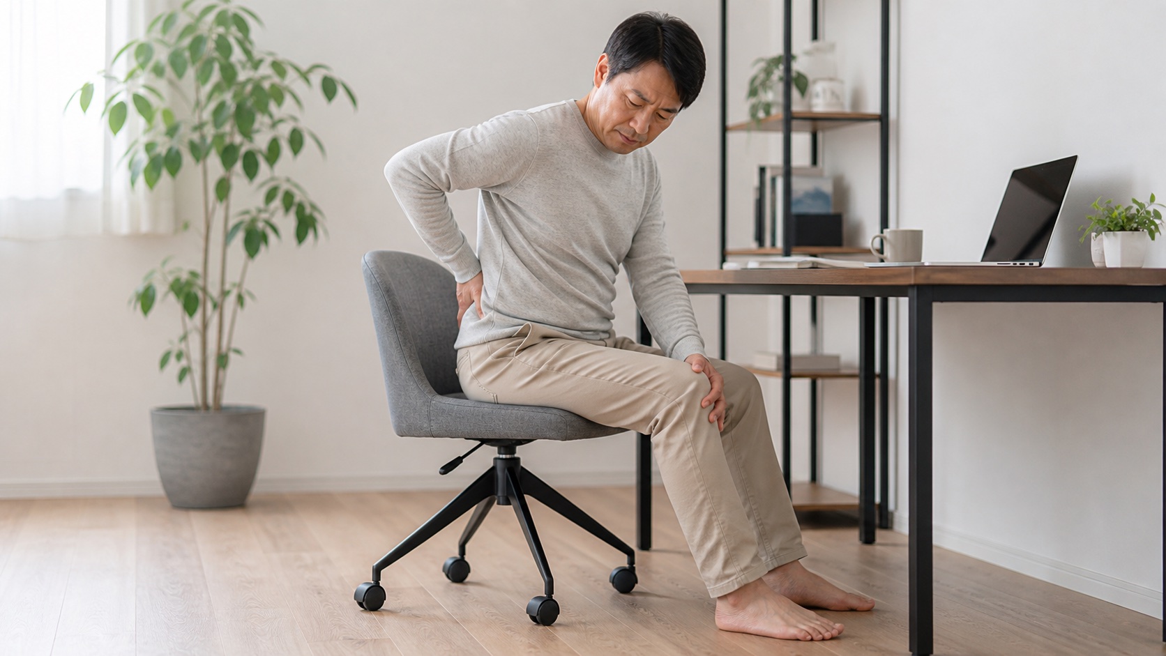 座位で腰から太ももへ広がる痛みを確認する男性