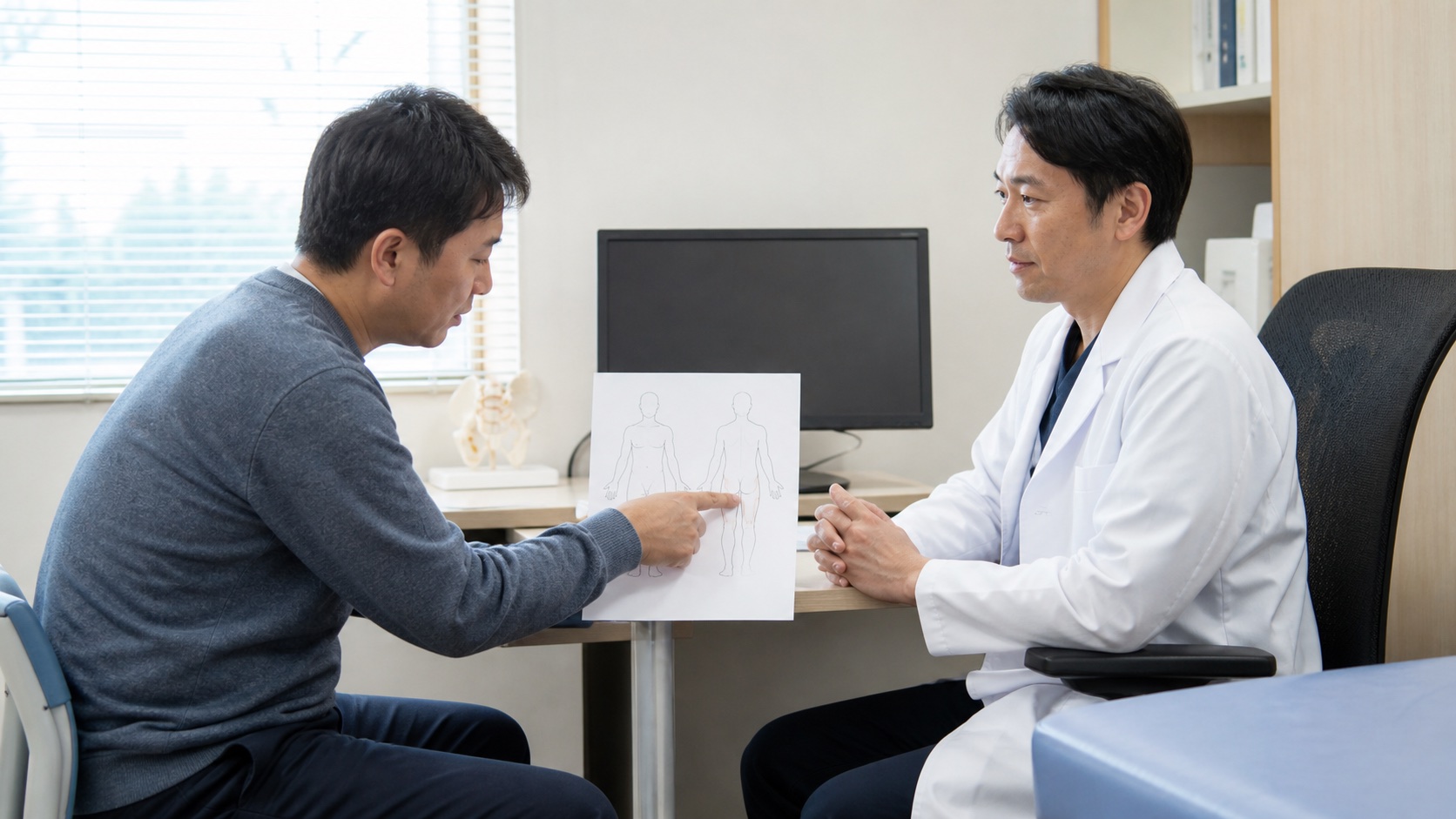 腰痛と脚のしびれの範囲を整形外科医へ伝える男性