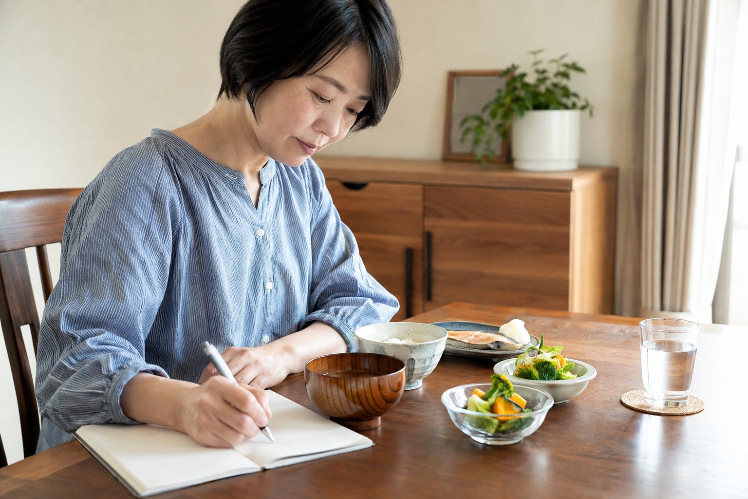 食卓のご飯と野菜のおかずを前に、ノートへ記録する青い服の女性