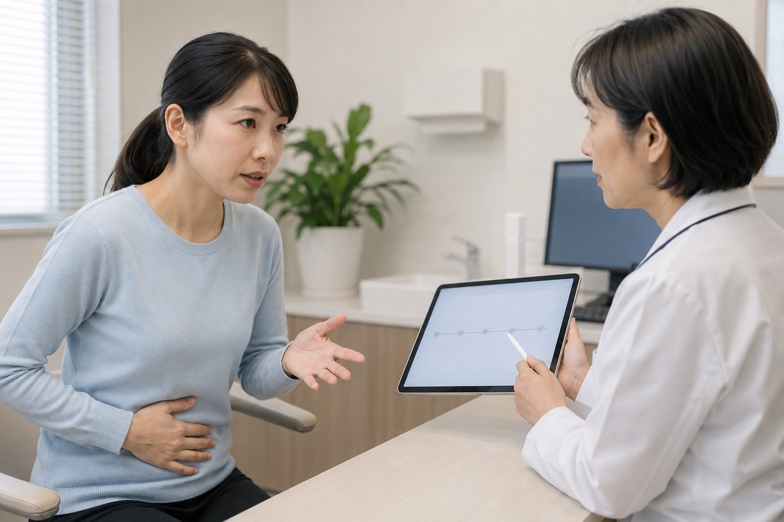下腹部に手を添えタブレットを持つ医師へ体調を説明する女性