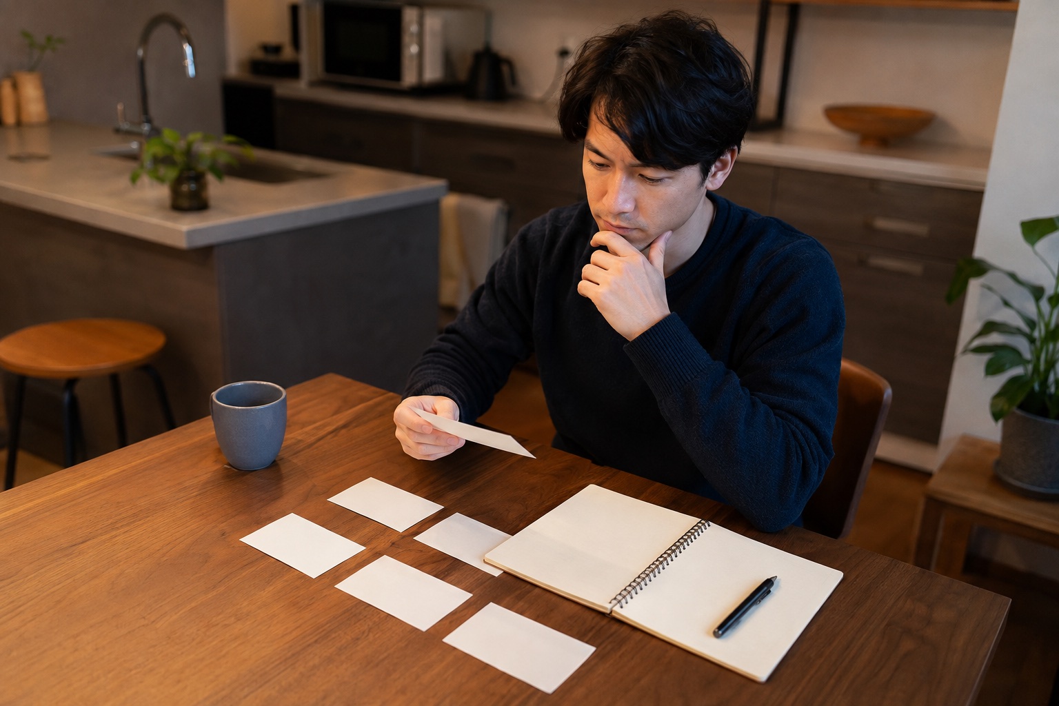 自宅の食卓で白い質問カードを手に取り受診前の疑問を考える男性