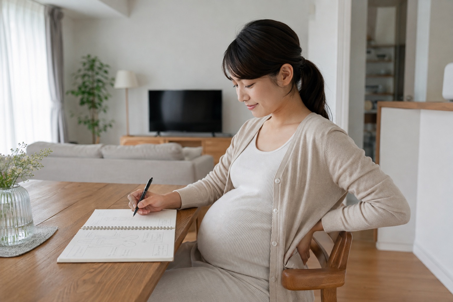 妊娠中のおしりの痛みが出る時刻と動作をノートに記録する女性