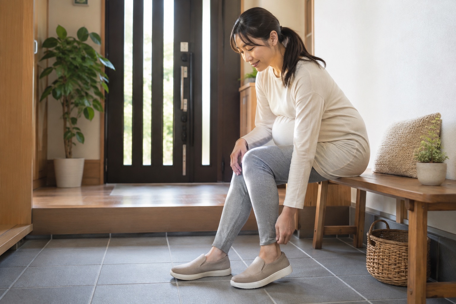妊娠中に椅子へ座って両足を床につけ靴を履く女性