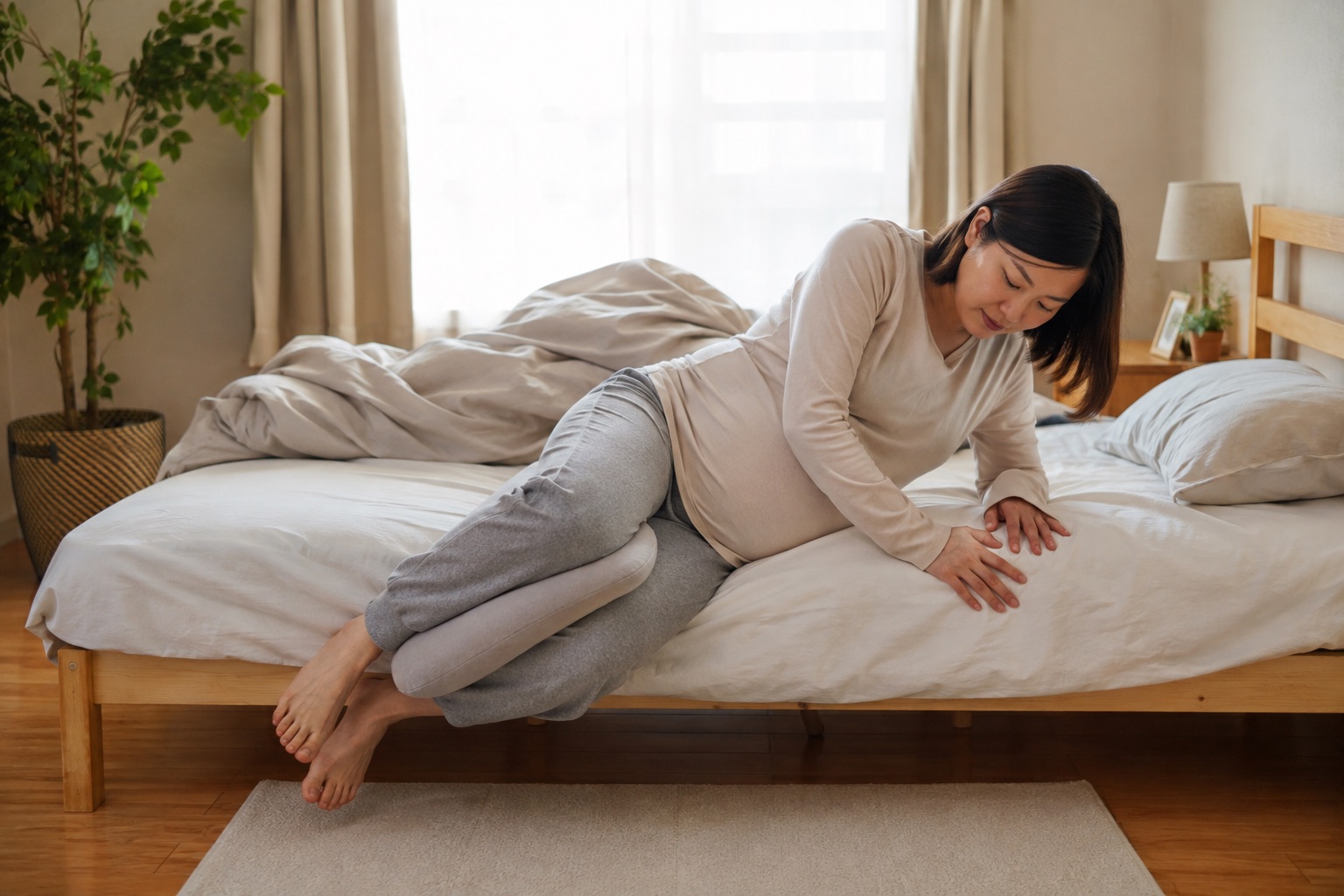 妊娠中に膝をそろえて横向きから起き上がる女性