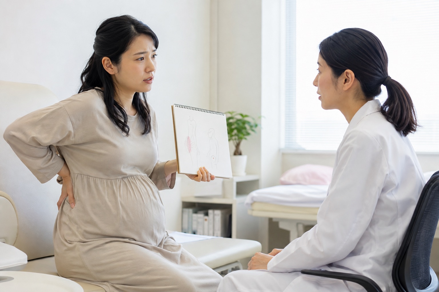妊娠中の片側のおしりと骨盤の痛みを産科医へ相談する女性