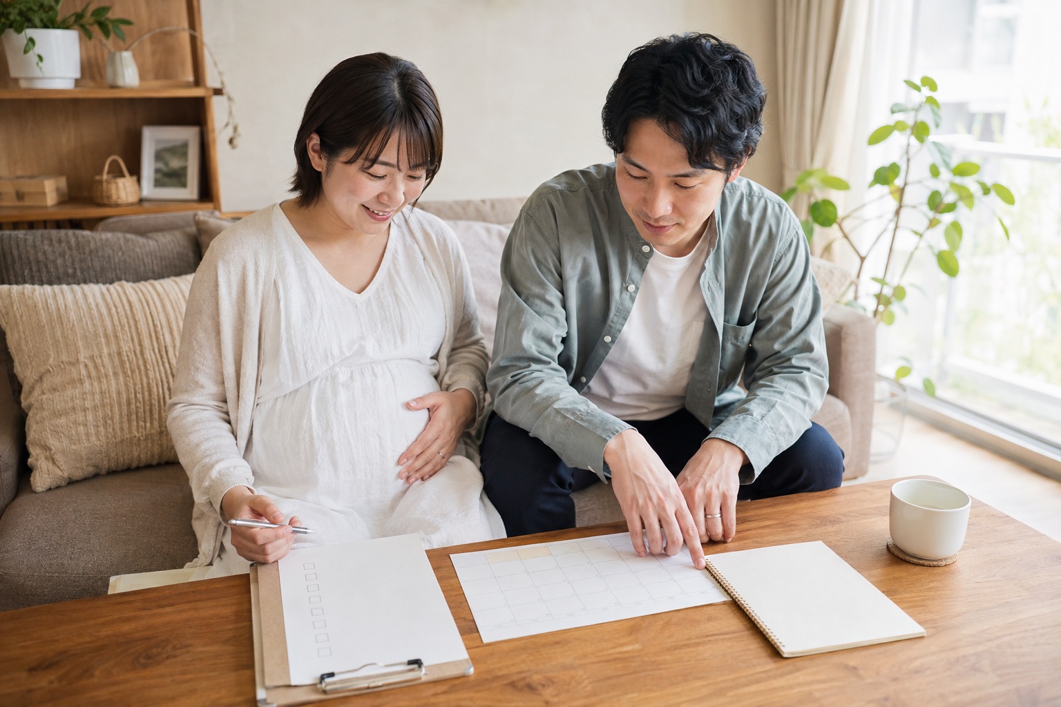 妊娠中のおしりの痛みについて助産師へ聞く質問を夫婦で整理する様子