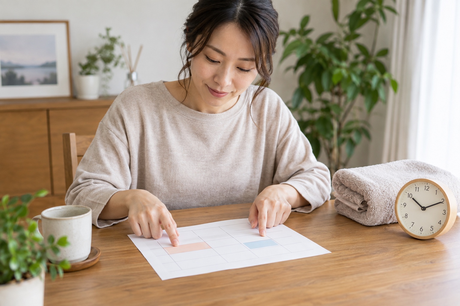 整体とサウナの予定を時計と用紙で整理する女性