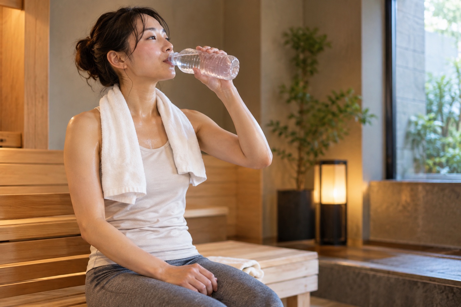 サウナ後に休憩室で水分を補給する女性