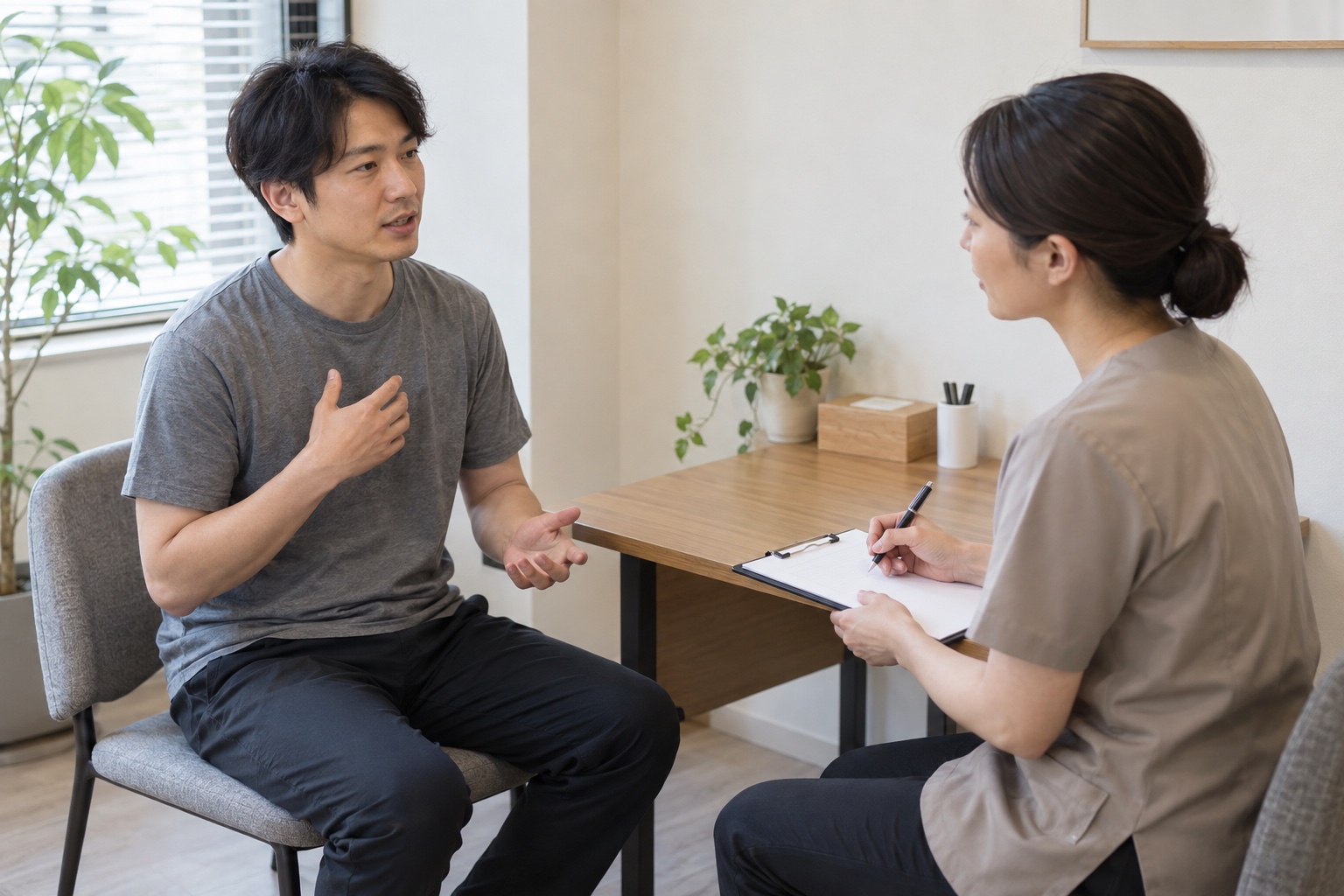 サウナ利用と当日の体調を施術前に相談する男性