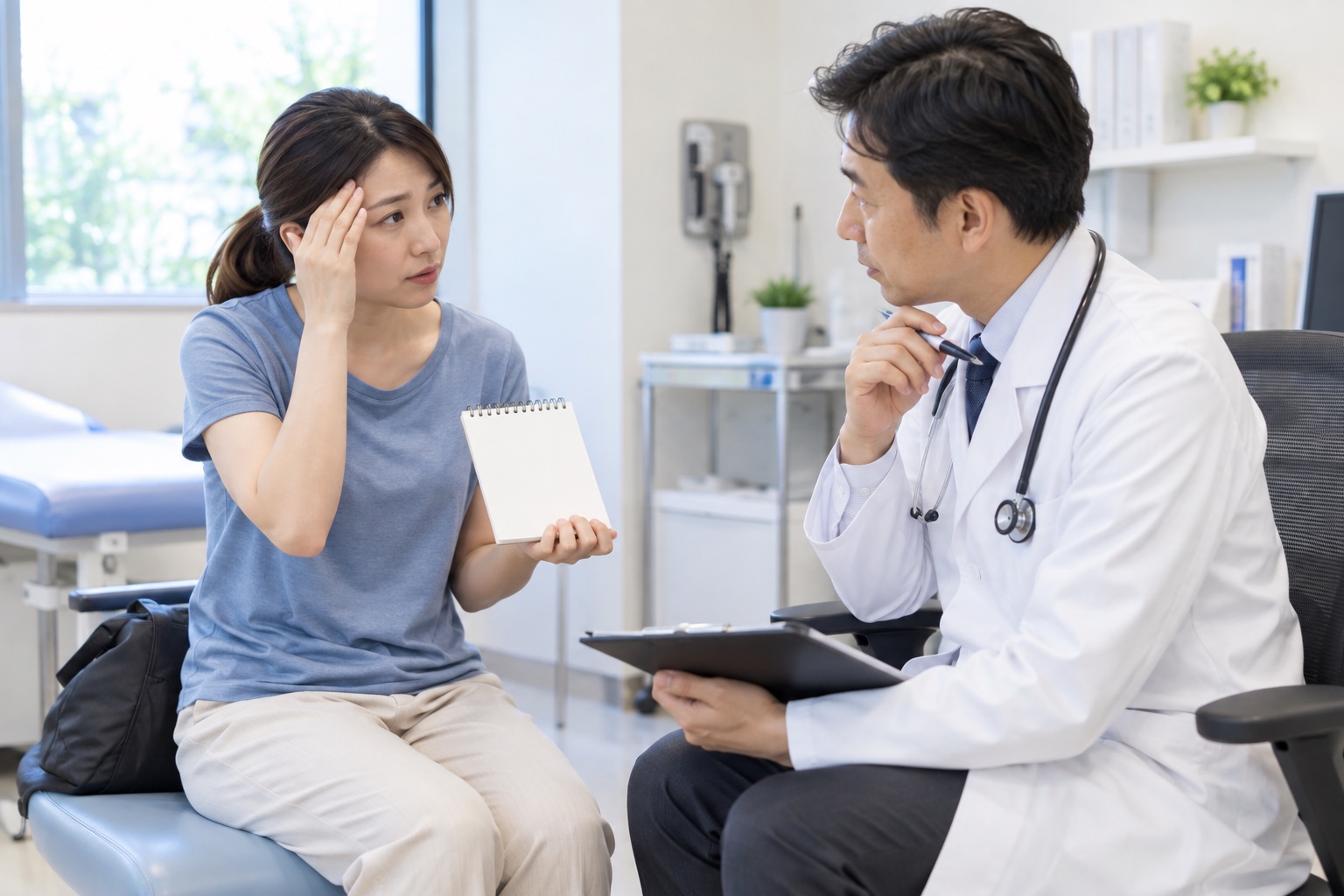 熱の後のめまいや頭痛を医師へ相談する女性