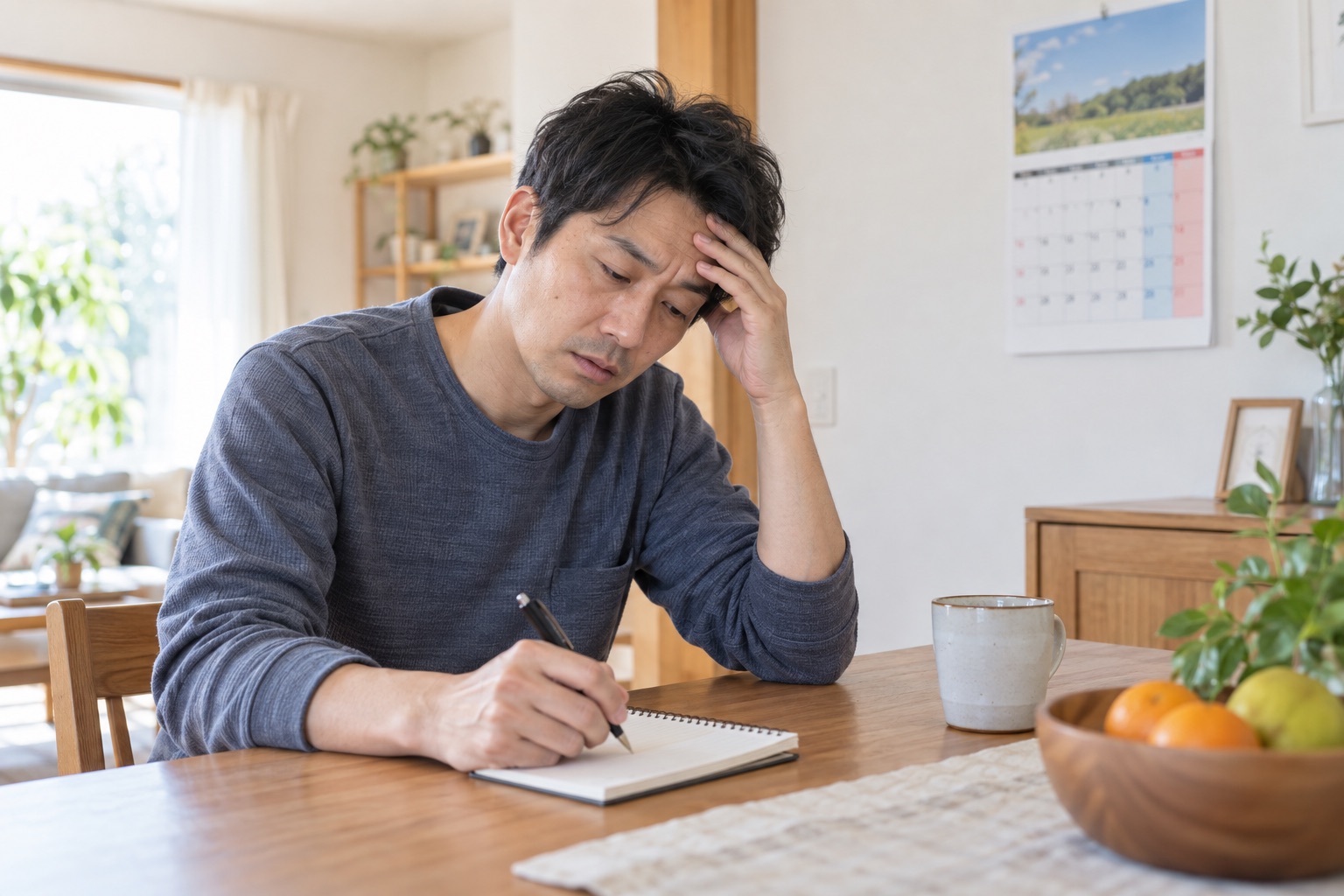休日の強い疲れをカレンダーとノートへ記録する男性