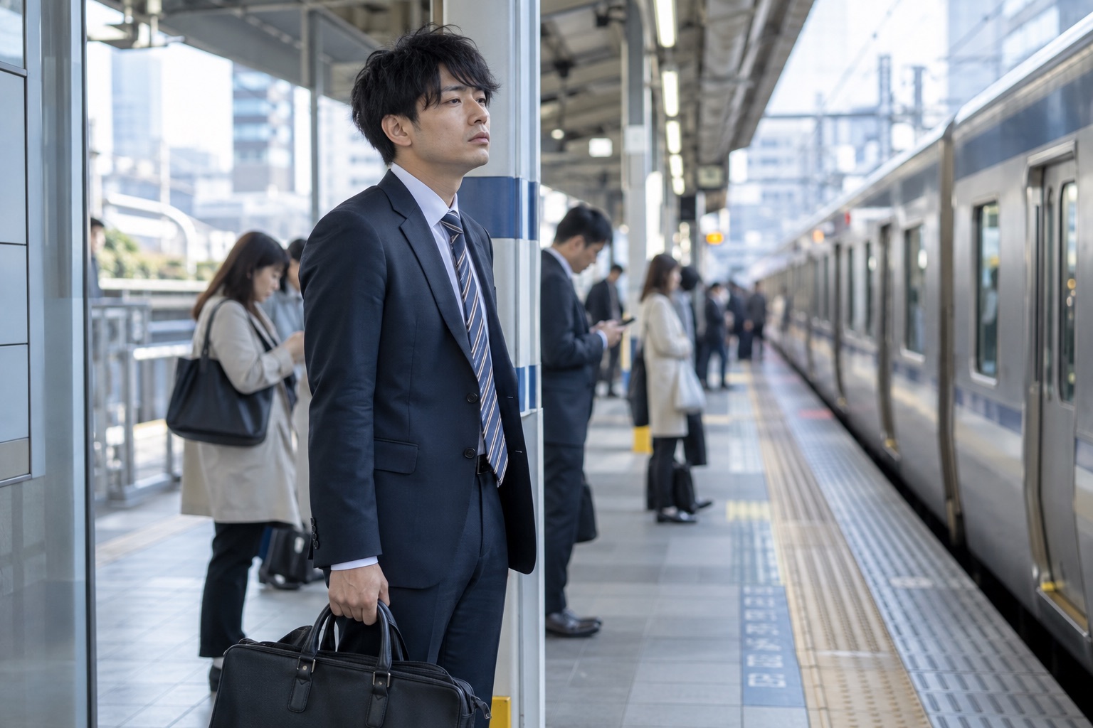 平日の通勤中に疲れを抱えながら駅で電車を待つ男性