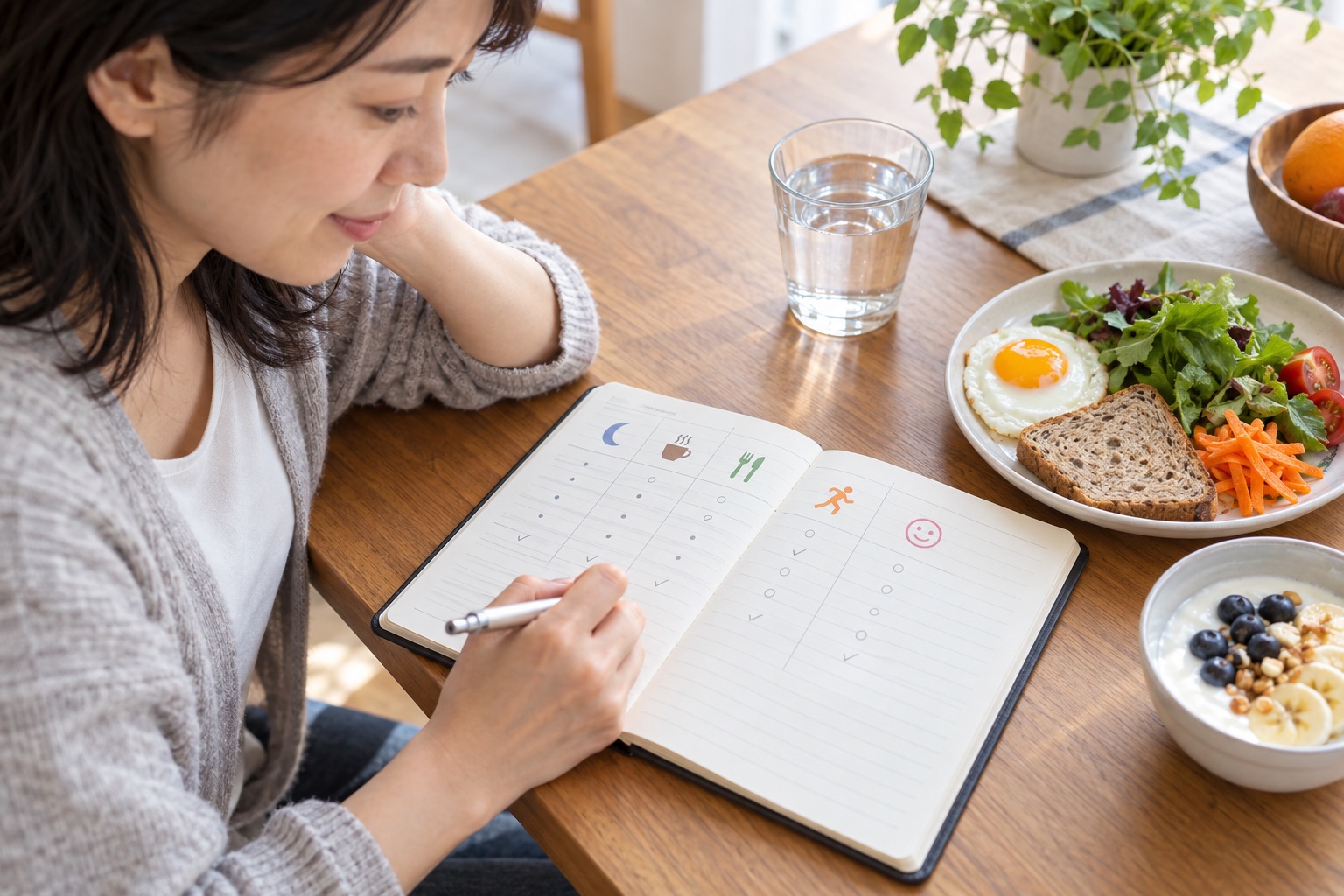 睡眠や食事と活動後の体調をノートで振り返る女性