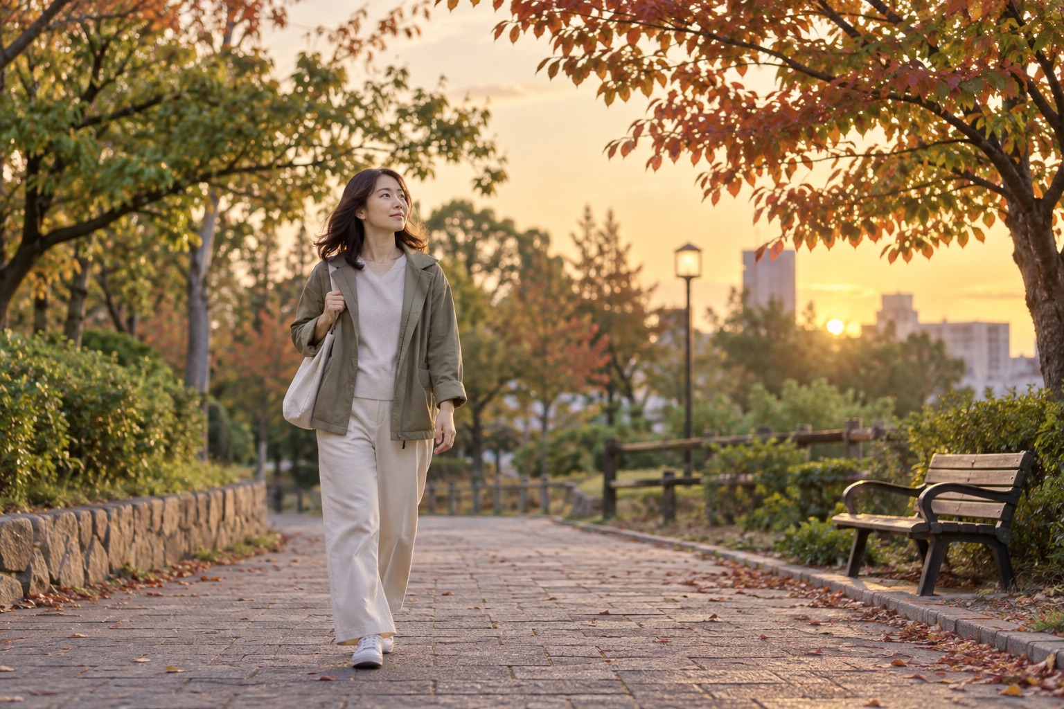 疲れを残さないペースで夕方の公園を歩く女性