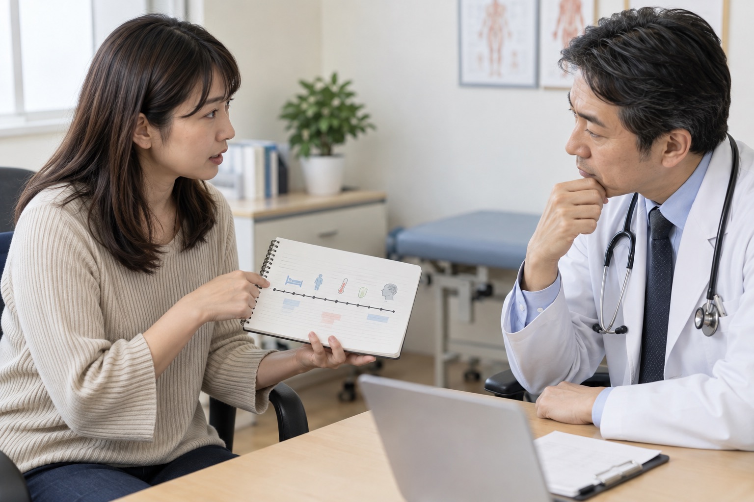 強い疲労の経過を医師へノートで説明する女性