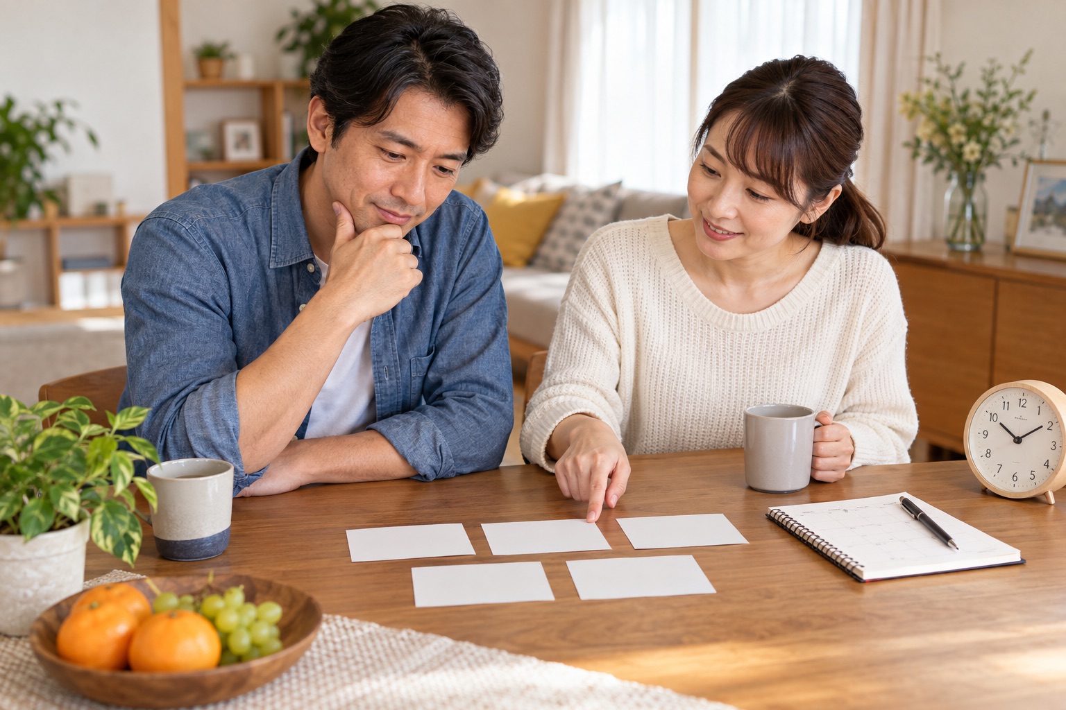 休日の疲れについて五つの質問カードを整理する夫婦