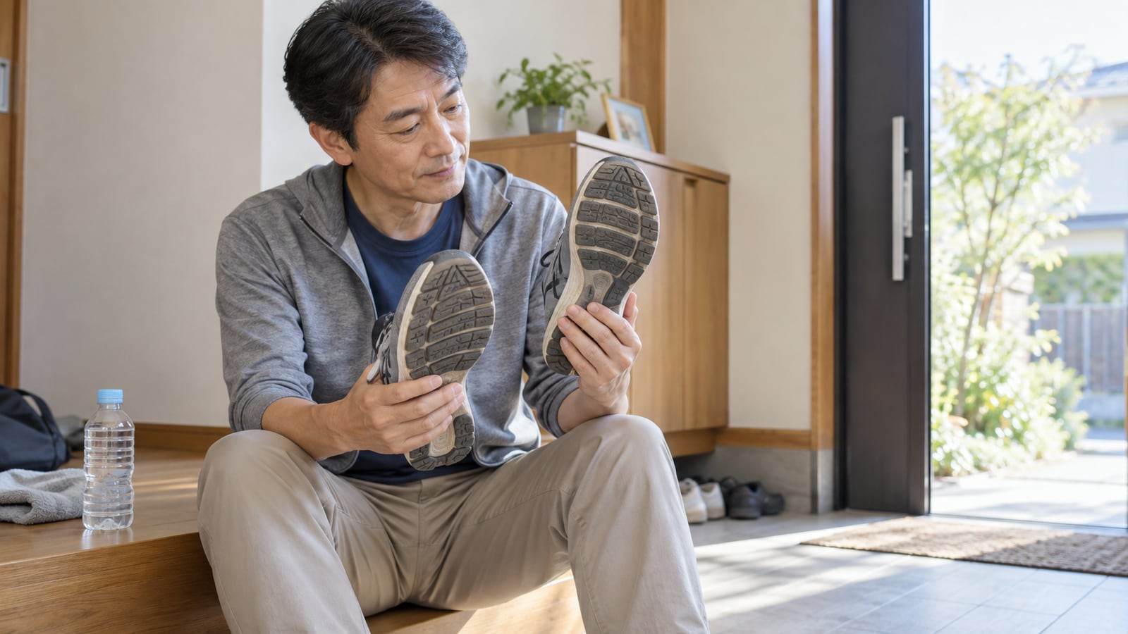 左右の靴底の減り方を玄関で比べる男性