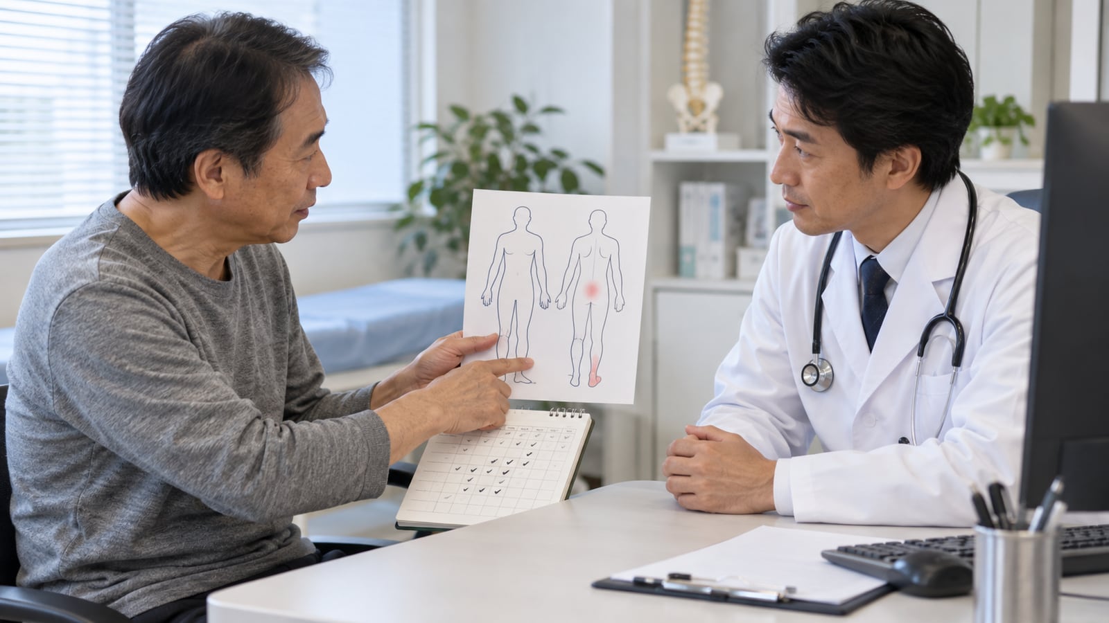 足裏と腰の症状記録を医師へ見せて相談する男性