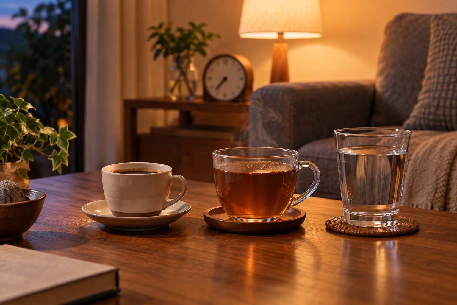 夕方の食卓でコーヒーとお茶と水を比較する場面