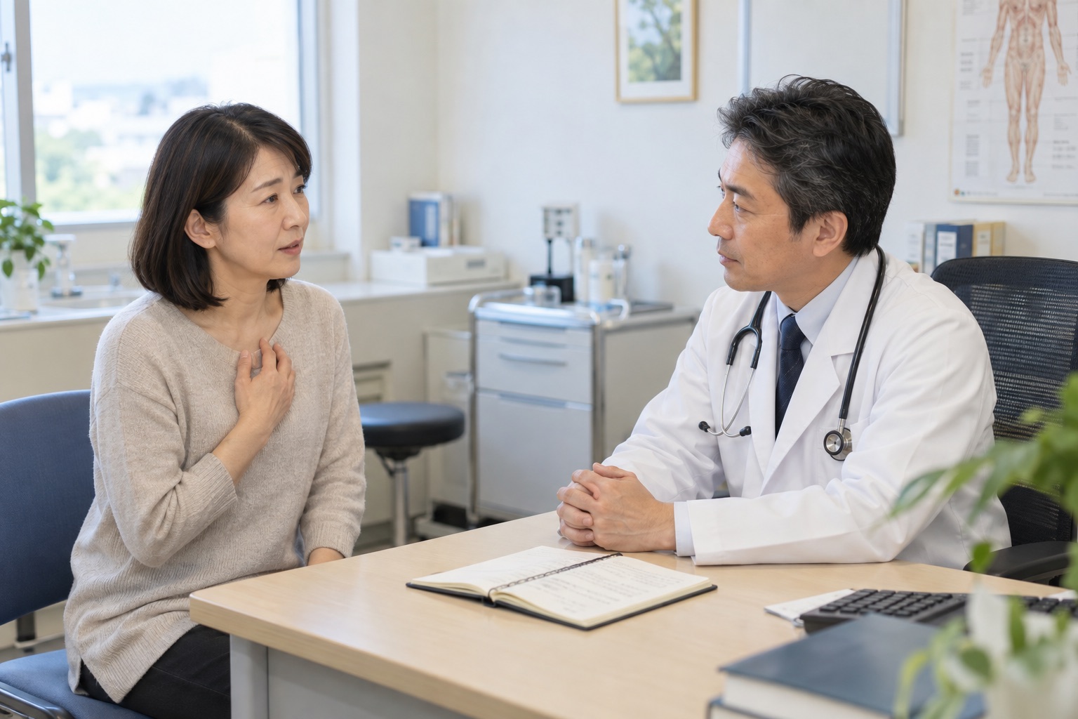 コーヒー後の動悸と胸部症状を医師へ相談する女性