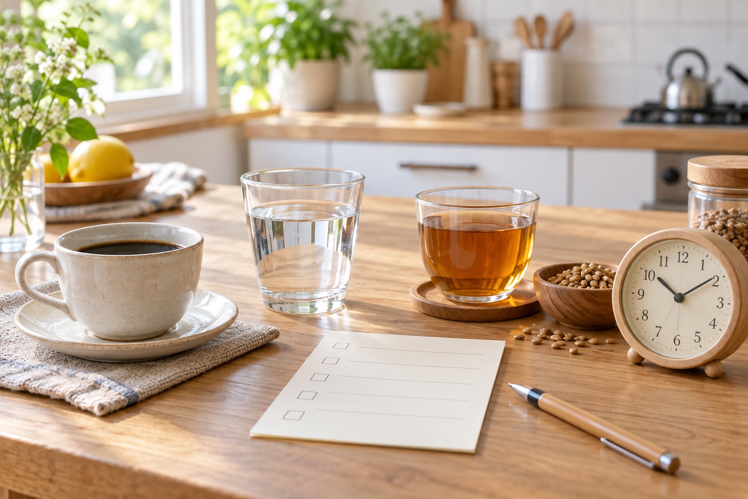 コーヒーと水とお茶を前に質問項目を整理する場面