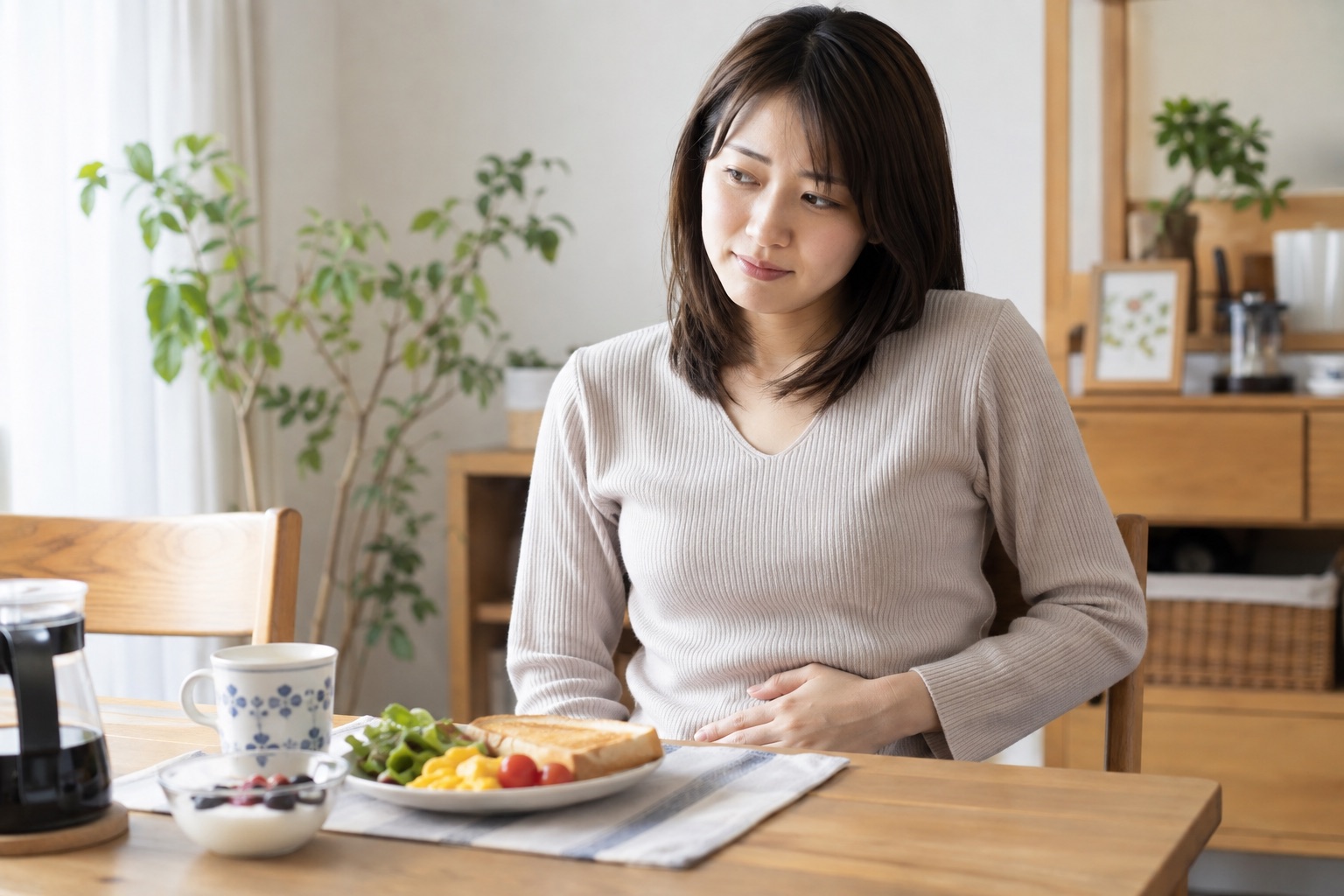 生理前の食事中にお腹の動きを気にする女性