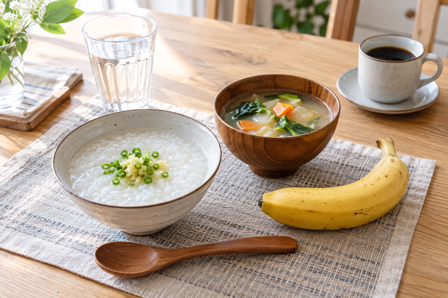 おかゆと野菜スープなど胃腸に配慮した食事