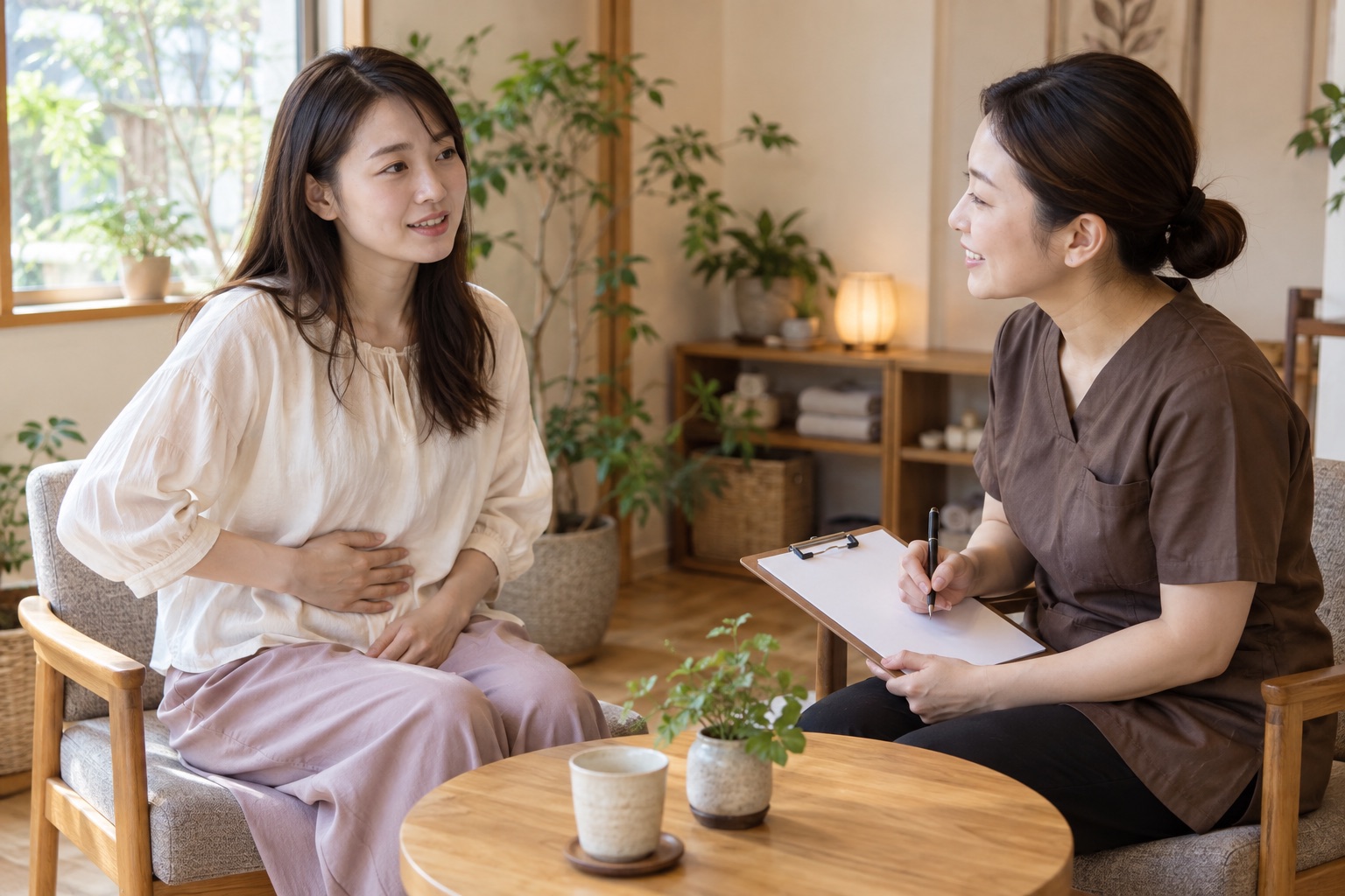 生理前のお腹の緊張と生活背景を施術者へ相談する女性
