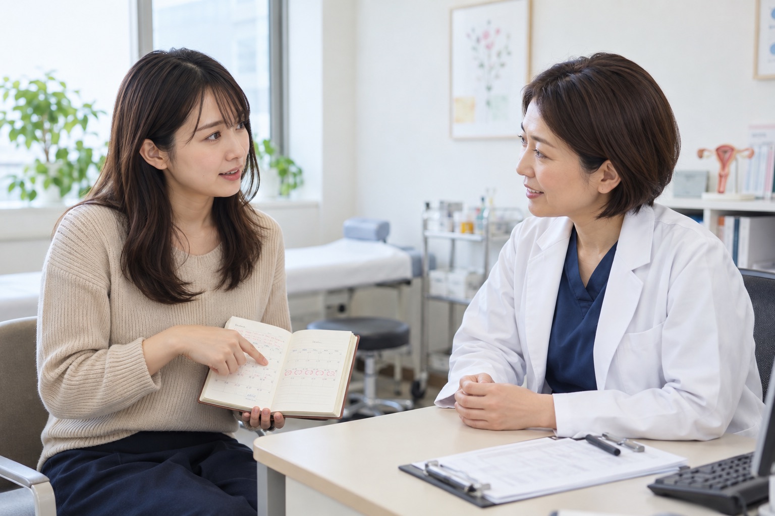 月経周期と腹部症状の記録を婦人科医へ相談する女性