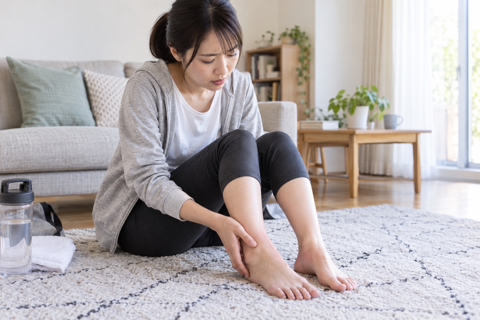 自宅で左右の足首を見比べて腫れを確認する女性