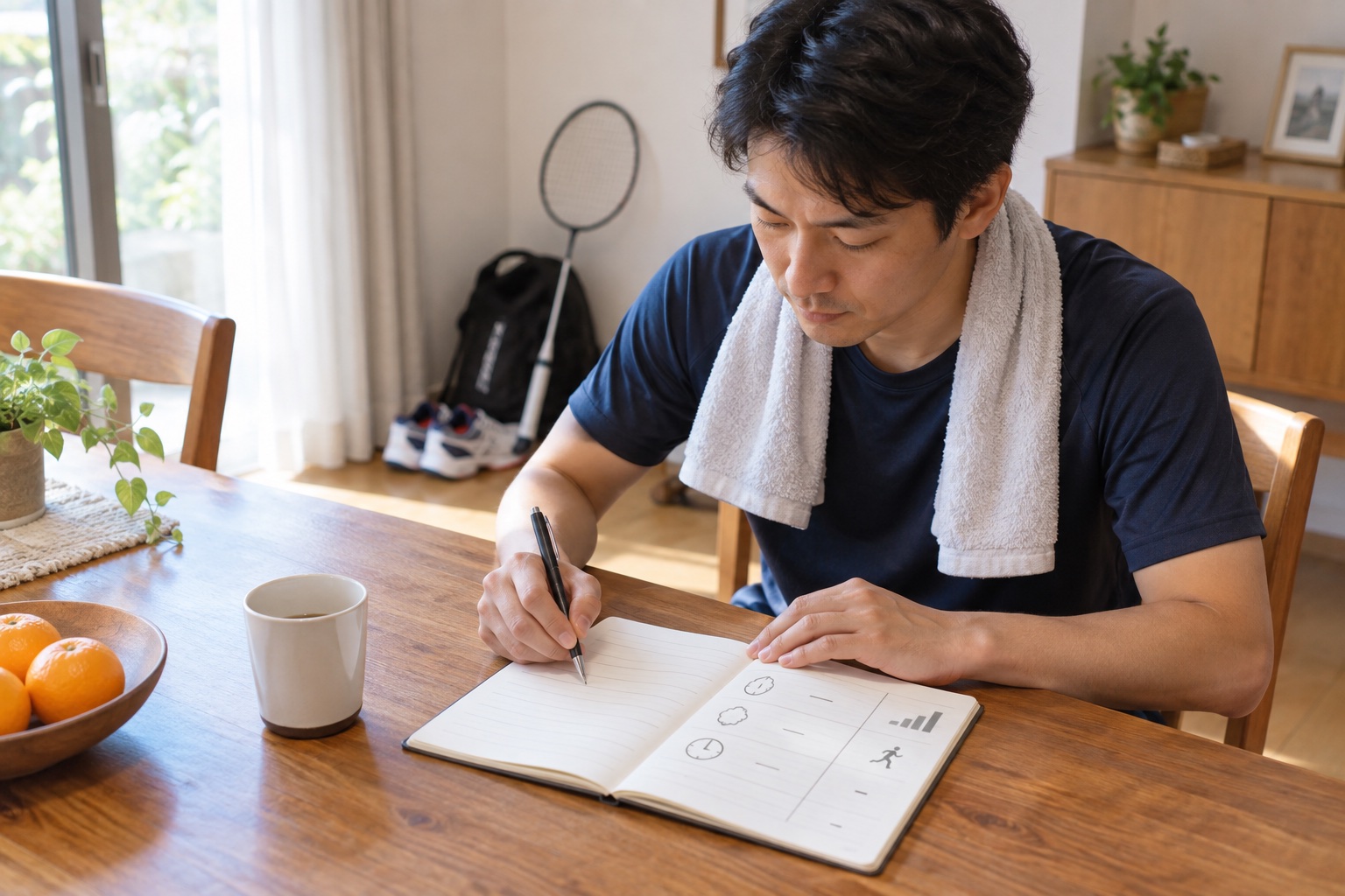 スポーツ後の痛みと腫れと歩きやすさをノートに記録する男性