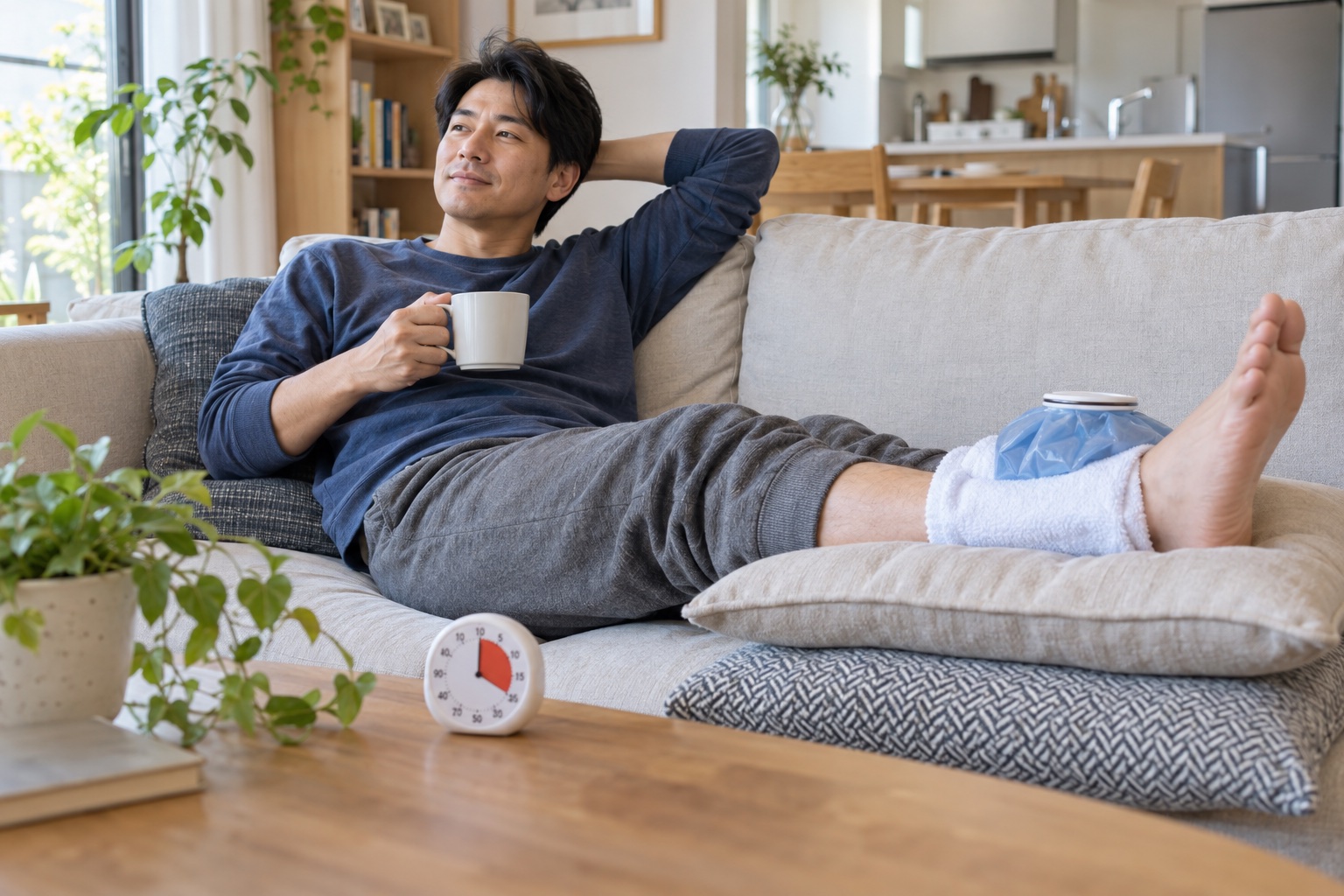 足首を高くしてタオル越しに保冷剤を当てて休む男性