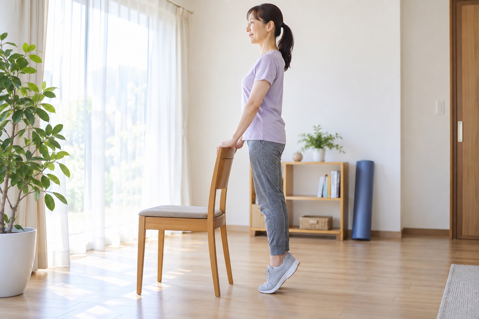 椅子に手を添えて慎重にかかと上げをする女性